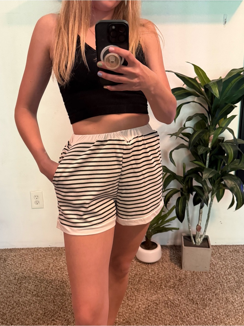 SHEIN White & Black Striped Athletic Lounge Shorts